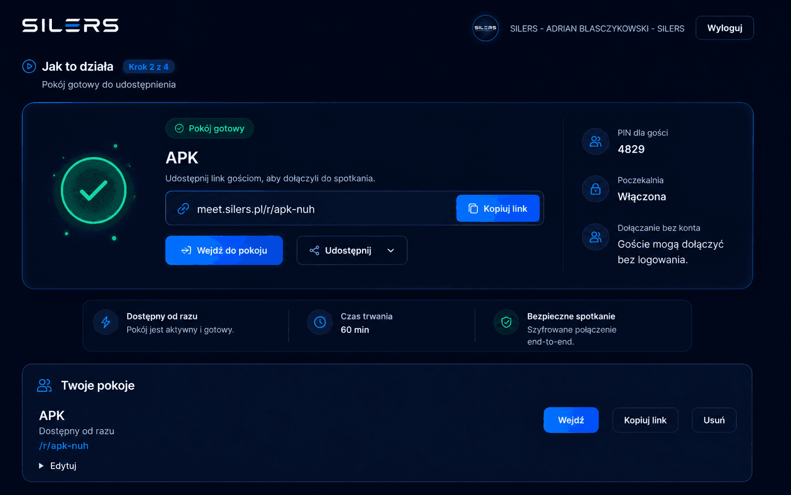 Gotowy pokój z linkiem do skopiowania i PIN-em dla gości